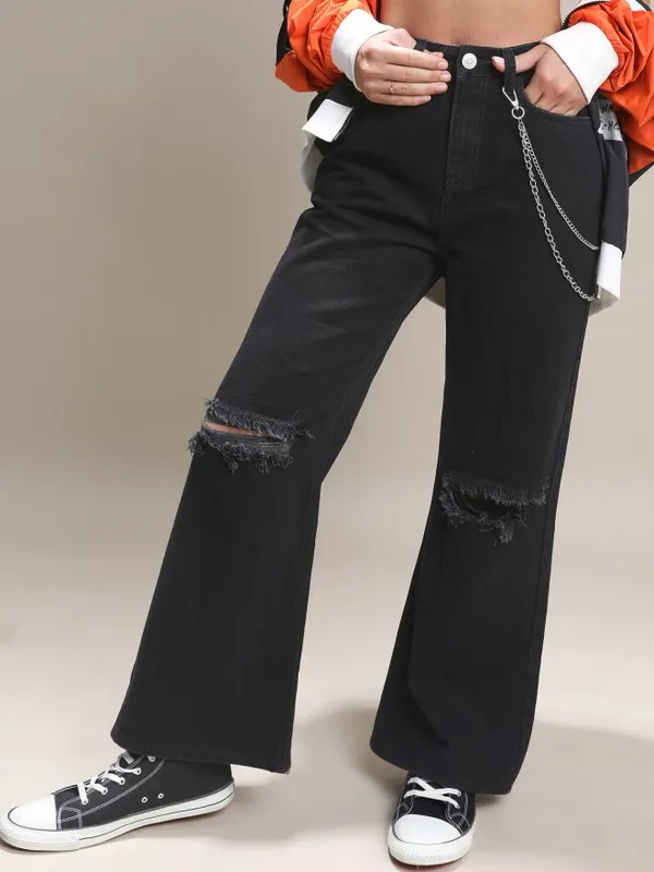  Tokyo Talkies Women Black Wide Leg Slash Knee Jeans
