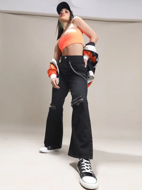  Tokyo Talkies Women Black Wide Leg Slash Knee Jeans