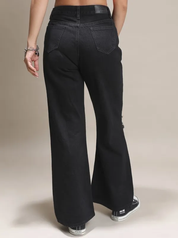  Tokyo Talkies Women Black Wide Leg Slash Knee Jeans