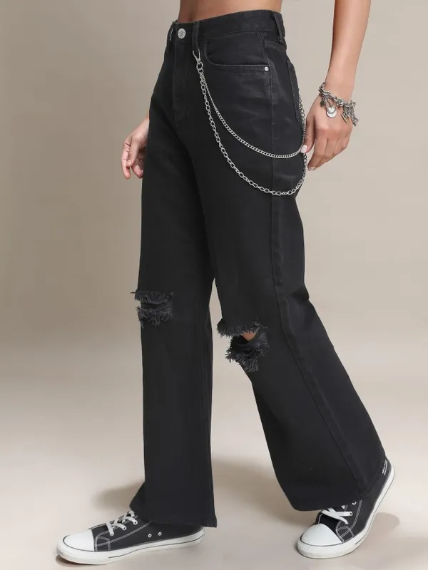 Tokyo Talkies Women Black Wide Leg Slash Knee Jeans