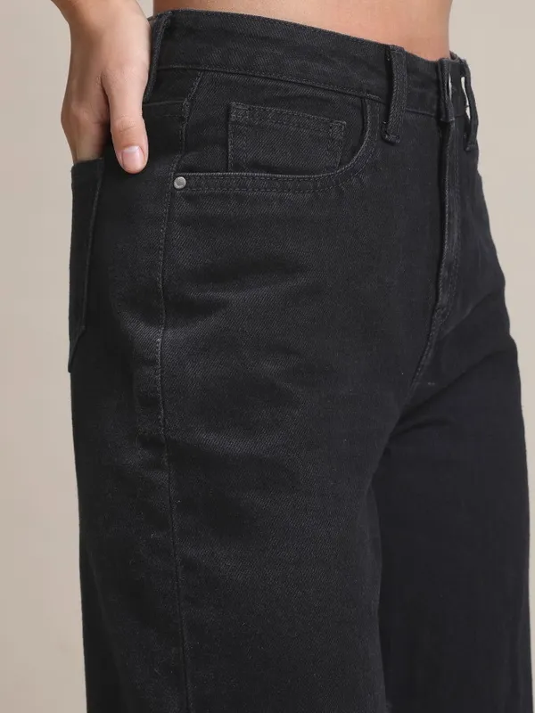  Tokyo Talkies Women Black Wide Leg Slash Knee Jeans