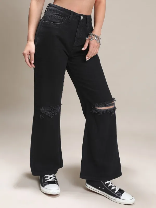  Tokyo Talkies Women Black Wide Leg Slash Knee Jeans