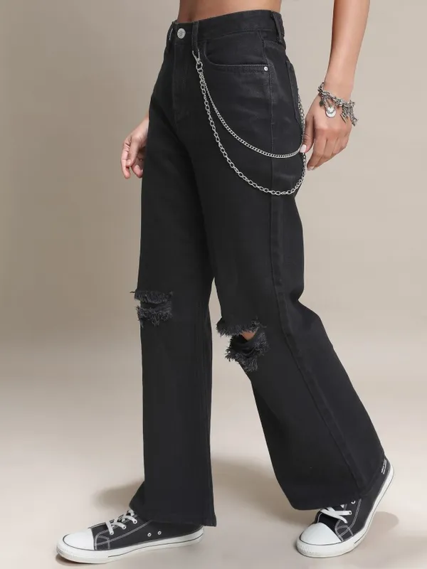  Tokyo Talkies Women Black Wide Leg Slash Knee Jeans