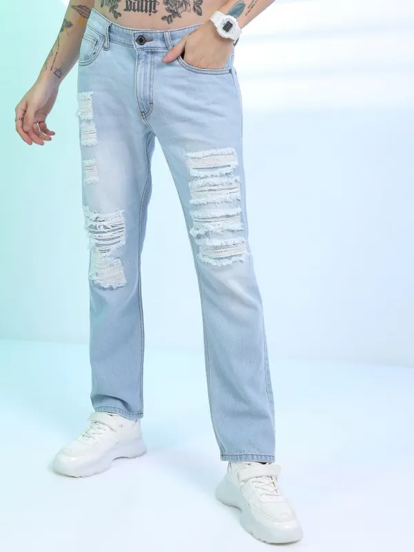  Highlander Men Blue Straight Fit Highly Distressed Jeans