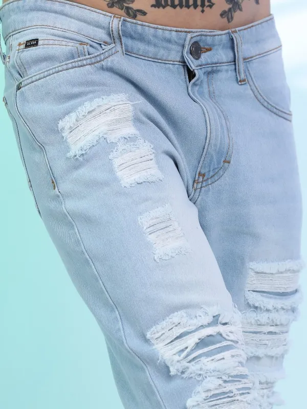  Highlander Men Blue Straight Fit Highly Distressed Jeans