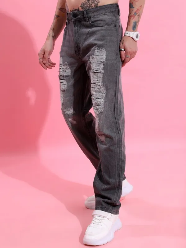  Highlander Men Grey Straight Fit Highly Distressed Jeans