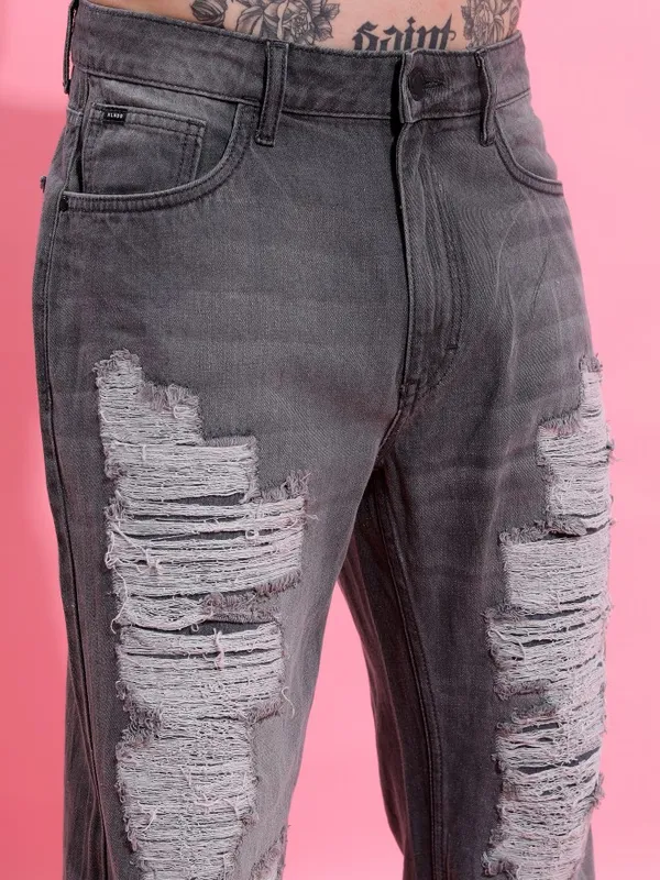  Highlander Men Grey Straight Fit Highly Distressed Jeans