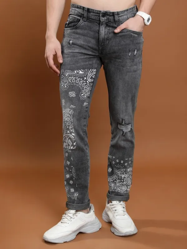  Highlander Men Grey Slim Fit Highly Distressed Jeans