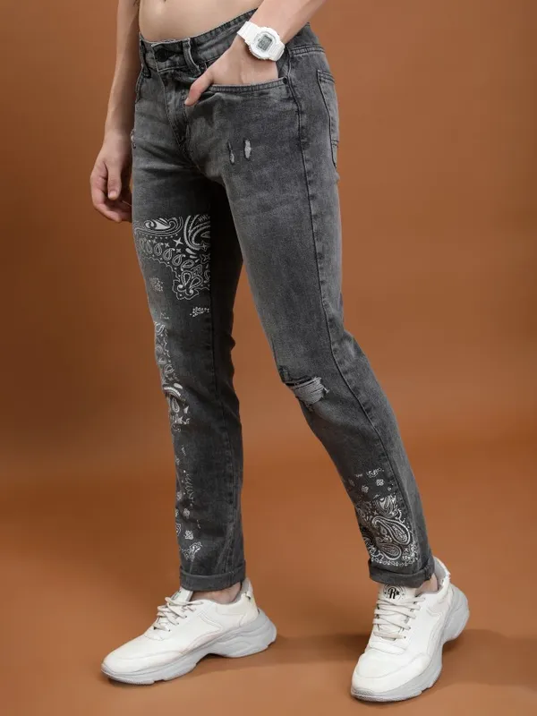  Highlander Men Grey Slim Fit Highly Distressed Jeans