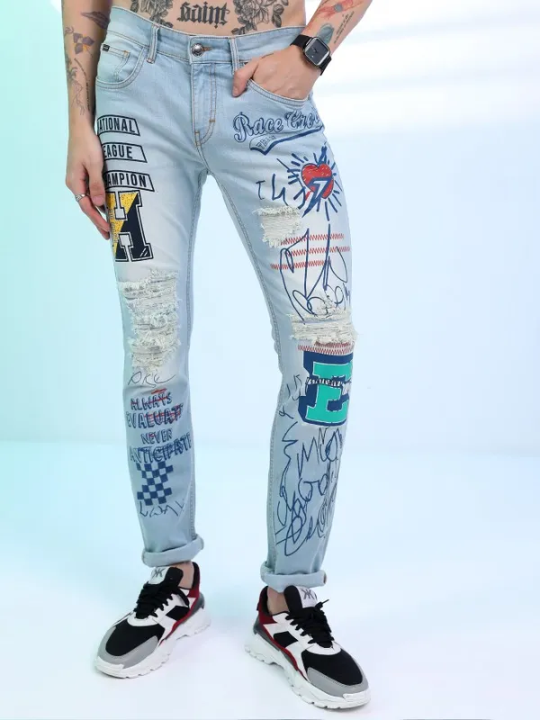  Highlander Men Blue Slim Fit Highly Distressed Jeans