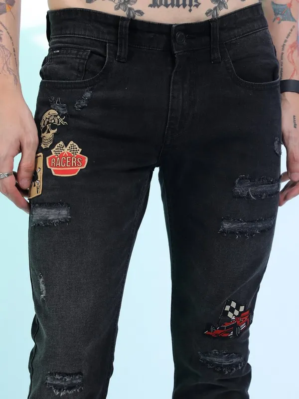  Highlander Men Black Slim Fit Highly Distressed Jeans