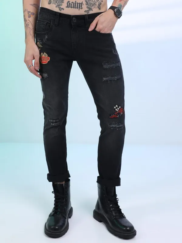  Highlander Men Black Slim Fit Highly Distressed Jeans