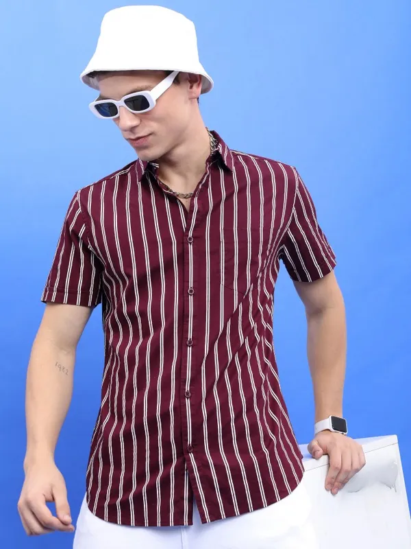  Highlander Men Burgundy Striped Slim Fit Casual Shirts