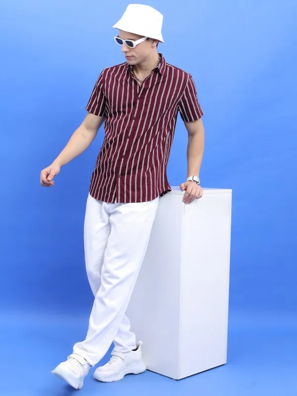  Highlander Men Burgundy Striped Slim Fit Casual Shirts