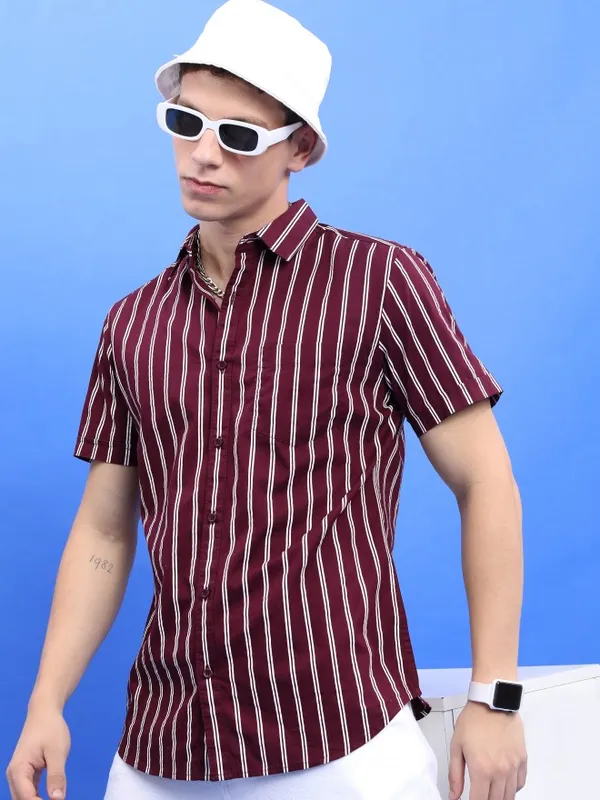  Highlander Men Burgundy Striped Slim Fit Casual Shirts
