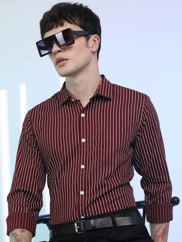  Highlander Men Maroon Striped Slim Fit Casual Shirts
