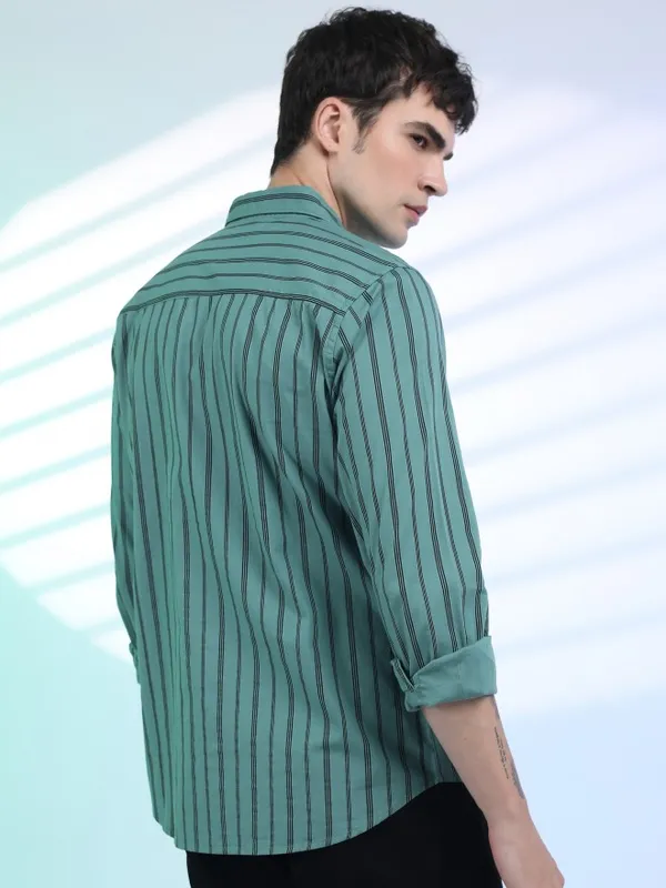  Highlander Men Sage Striped Slim Fit Casual Shirts