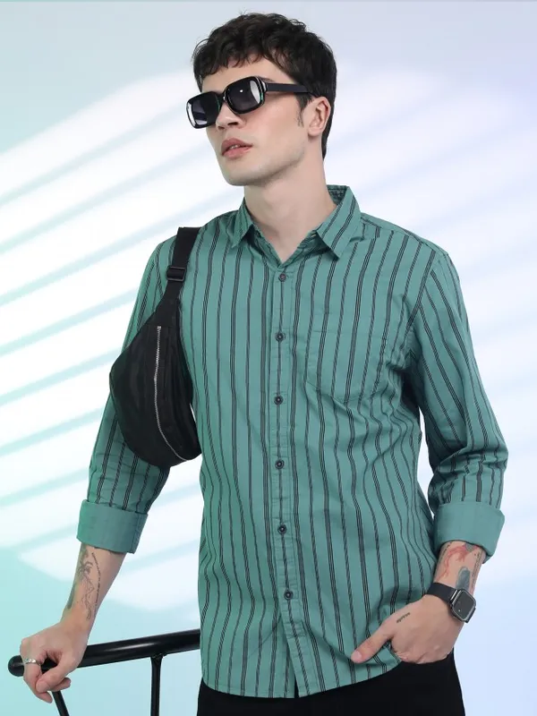  Highlander Men Sage Striped Slim Fit Casual Shirts
