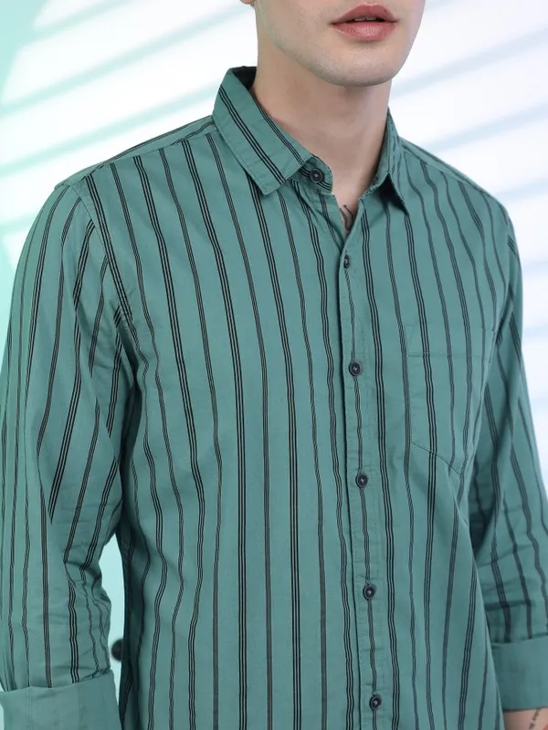 Highlander Men Sage Striped Slim Fit Casual Shirts