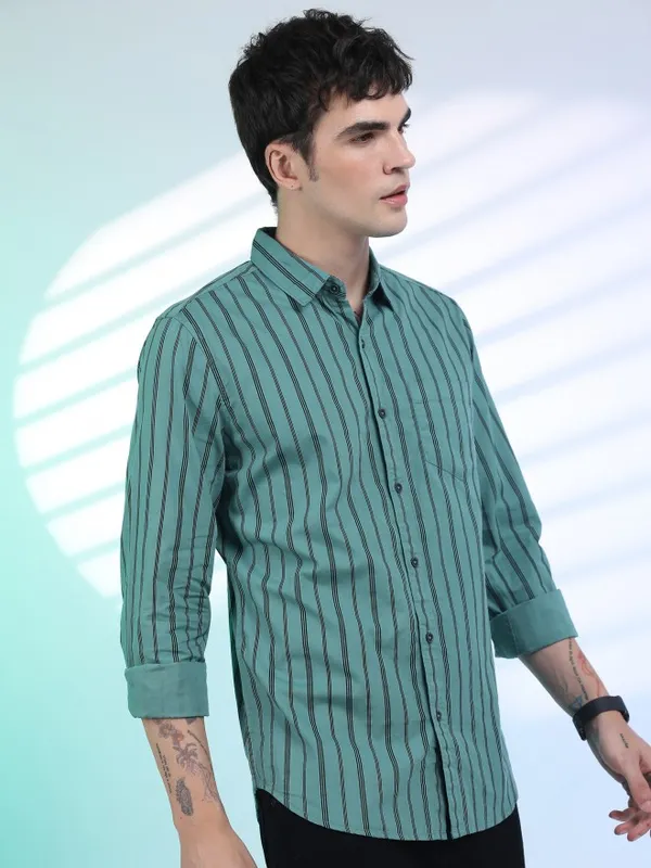 Highlander Men Sage Striped Slim Fit Casual Shirts
