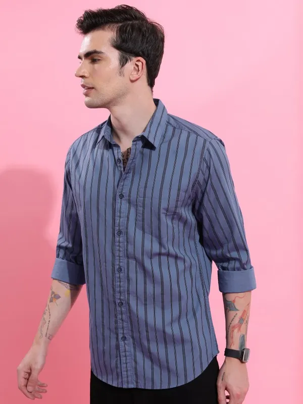  Highlander Men Blue Striped Slim Fit Casual Shirts