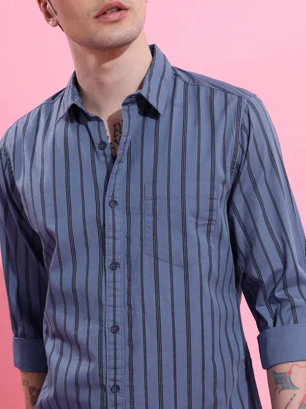  Highlander Men Blue Striped Slim Fit Casual Shirts