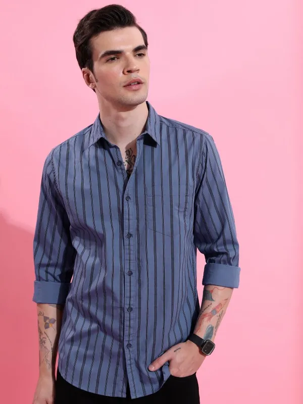  Highlander Men Blue Striped Slim Fit Casual Shirts