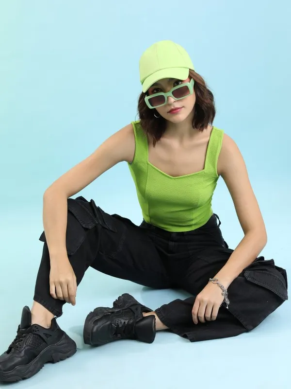  Tokyo Talkies Women Green Solid Fitted Tops