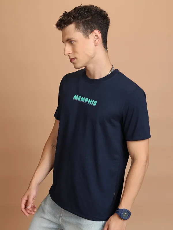  Ketch Men Navy Blue Printed Round Neck T-Shirts