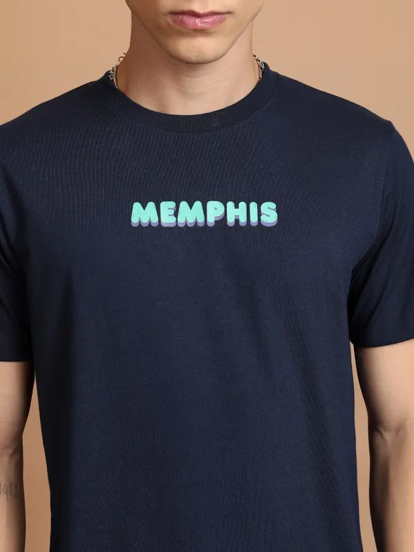  Ketch Men Navy Blue Printed Round Neck T-Shirts