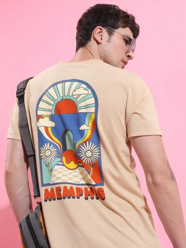  Ketch Men Beige Printed Round Neck T-Shirts