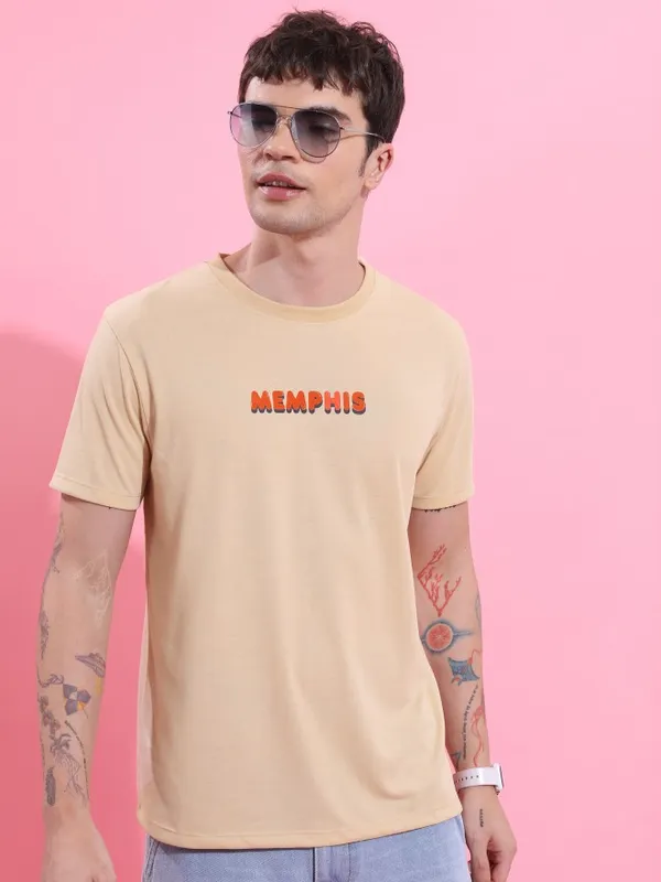  Ketch Men Beige Printed Round Neck T-Shirts