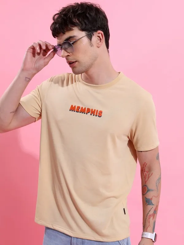  Ketch Men Beige Printed Round Neck T-Shirts