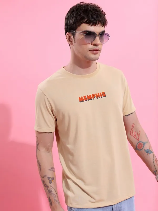  Ketch Men Beige Printed Round Neck T-Shirts