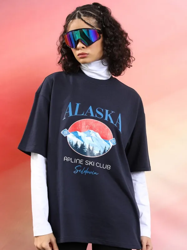  Tokyo Talkies Women Navy Blue Printed Round Neck T-Shirts