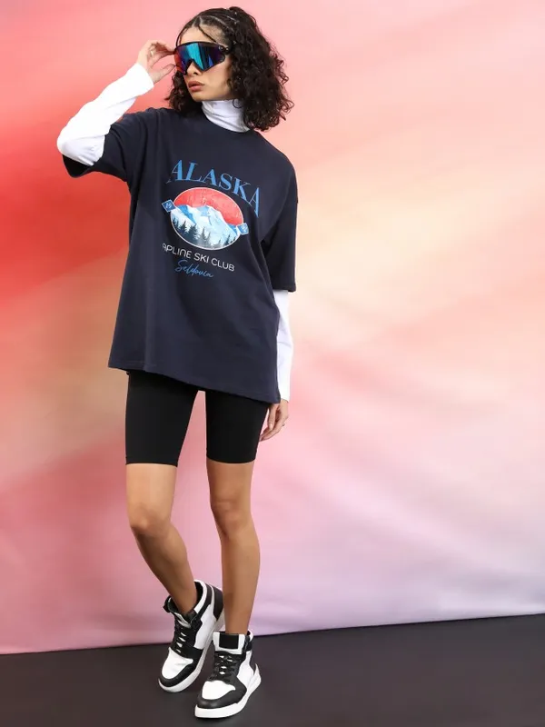  Tokyo Talkies Women Navy Blue Printed Round Neck T-Shirts