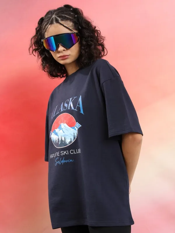  Tokyo Talkies Women Navy Blue Printed Round Neck T-Shirts