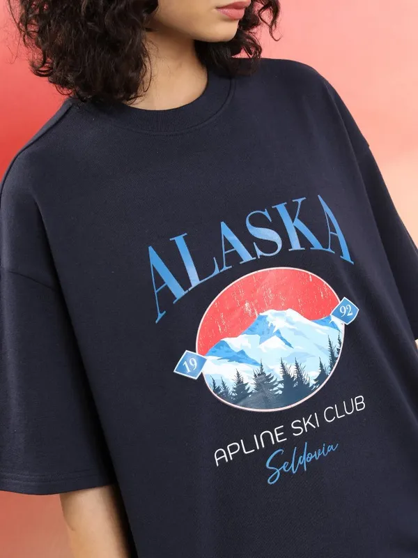  Tokyo Talkies Women Navy Blue Printed Round Neck T-Shirts