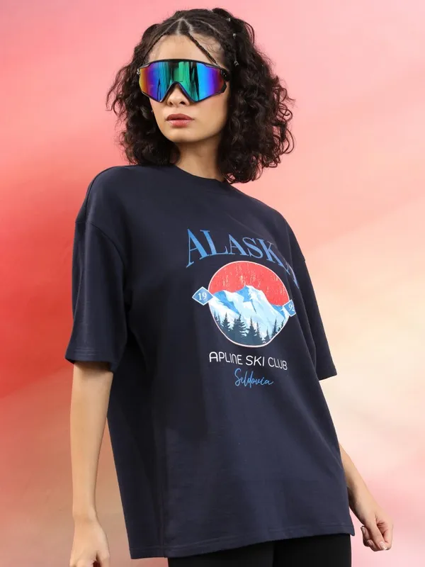  Tokyo Talkies Women Navy Blue Printed Round Neck T-Shirts