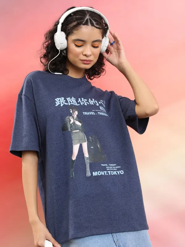 Tokyo Talkies Women Navy Blue Printed Round Neck Oversized Fit T-Shirt