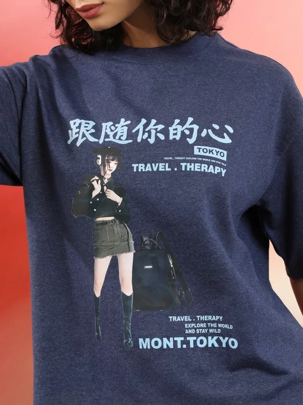 Tokyo Talkies Women Navy Blue Printed Round Neck Oversized Fit T-Shirt