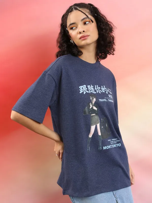 Tokyo Talkies Women Navy Blue Printed Round Neck Oversized Fit T-Shirt