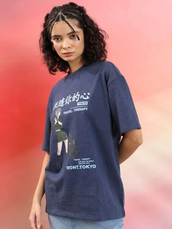 Tokyo Talkies Women Navy Blue Printed Round Neck Oversized Fit T-Shirt