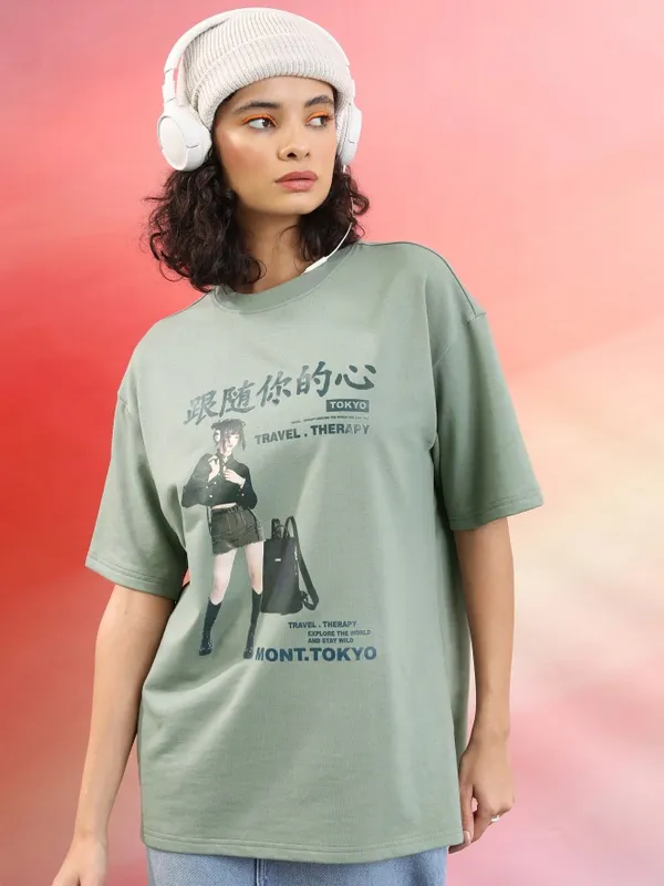  Tokyo Talkies Women Green Printed Round Neck T-Shirts