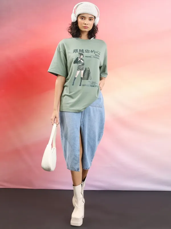  Tokyo Talkies Women Green Printed Round Neck T-Shirts