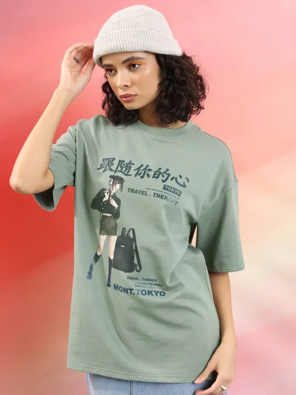  Tokyo Talkies Women Green Printed Round Neck T-Shirts