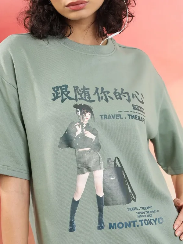  Tokyo Talkies Women Green Printed Round Neck T-Shirts