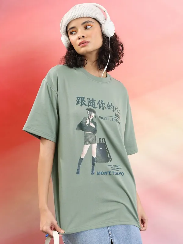  Tokyo Talkies Women Green Printed Round Neck T-Shirts