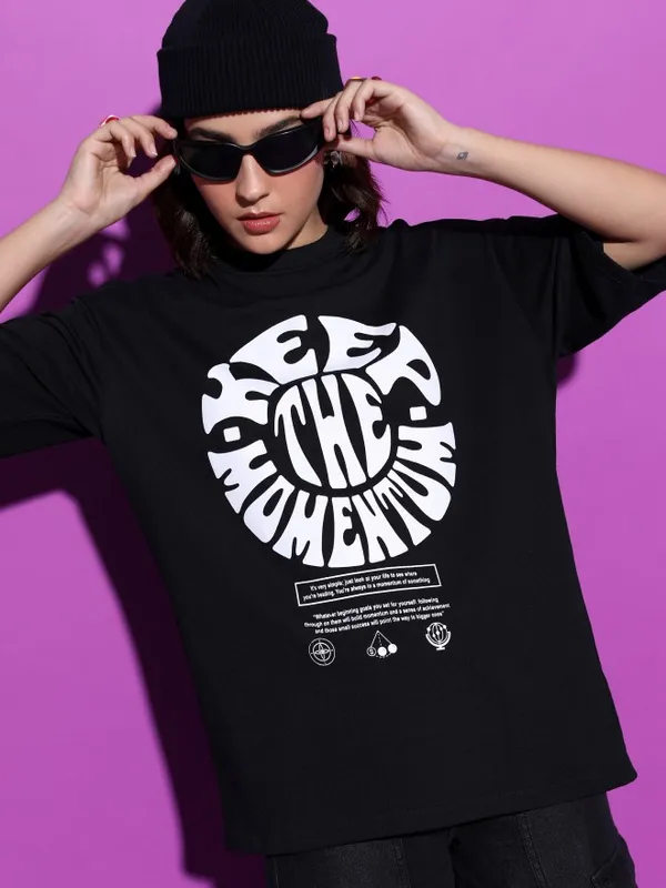  Tokyo Talkies Women Black Printed Round Neck T-Shirts