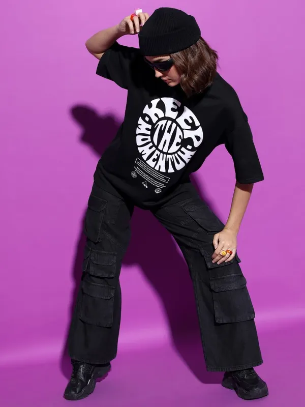  Tokyo Talkies Women Black Printed Round Neck T-Shirts